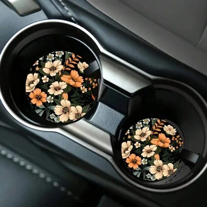 2入組花卉圖案吸水杯墊，時尚耐用快乾防滑汽車杯墊