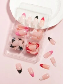 VV MEI JIA ER 96片长杏仁形人造指甲，红色、粉色、白色和黑色法式美甲，全覆盖式胶粘假指甲，适合女性和女孩，包含1卷指甲胶胶带和1把指甲锉等美甲用品。 - 彩色 - 查看 7