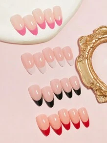 VV MEI JIA ER 96片长杏仁形人造指甲，红色、粉色、白色和黑色法式美甲，全覆盖式胶粘假指甲，适合女性和女孩，包含1卷指甲胶胶带和1把指甲锉等美甲用品。 - 彩色 - 查看 4