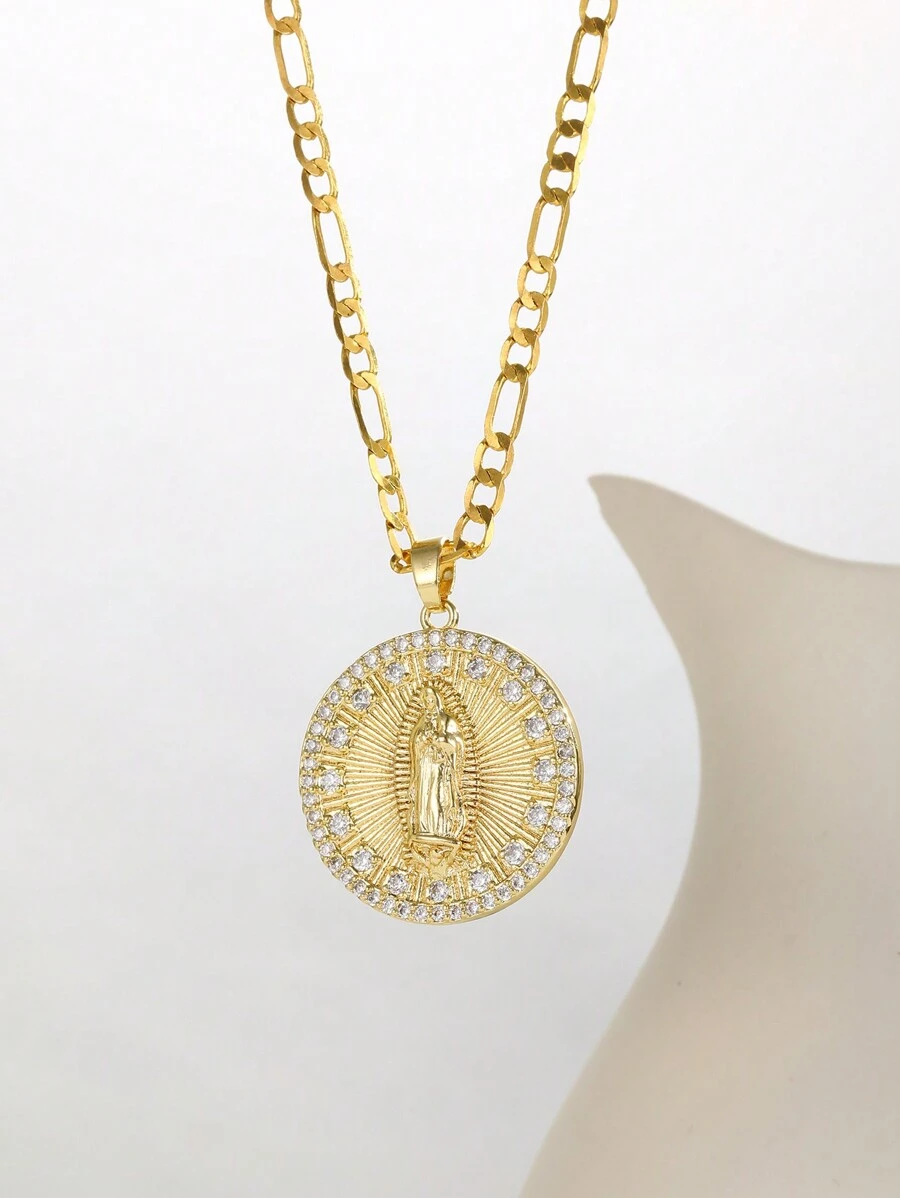 1 chiếc mặt dây chuyền hình Đức Mẹ Đồng Trinh tròn, kiểu dáng cổ điển, đính đá Cubic Zirconia, thích hợp cho trẻ em, gia đình, bạn bè đeo trong các bữa tiệc, tiệc chiêu đãi, hẹn hò, du lịch, nghỉ mát. Cũng có thể dùng làm phụ kiện cầu nguyện cá nhân hoặc quà sinh nhật cho trẻ em. - Vàng - Xem 1