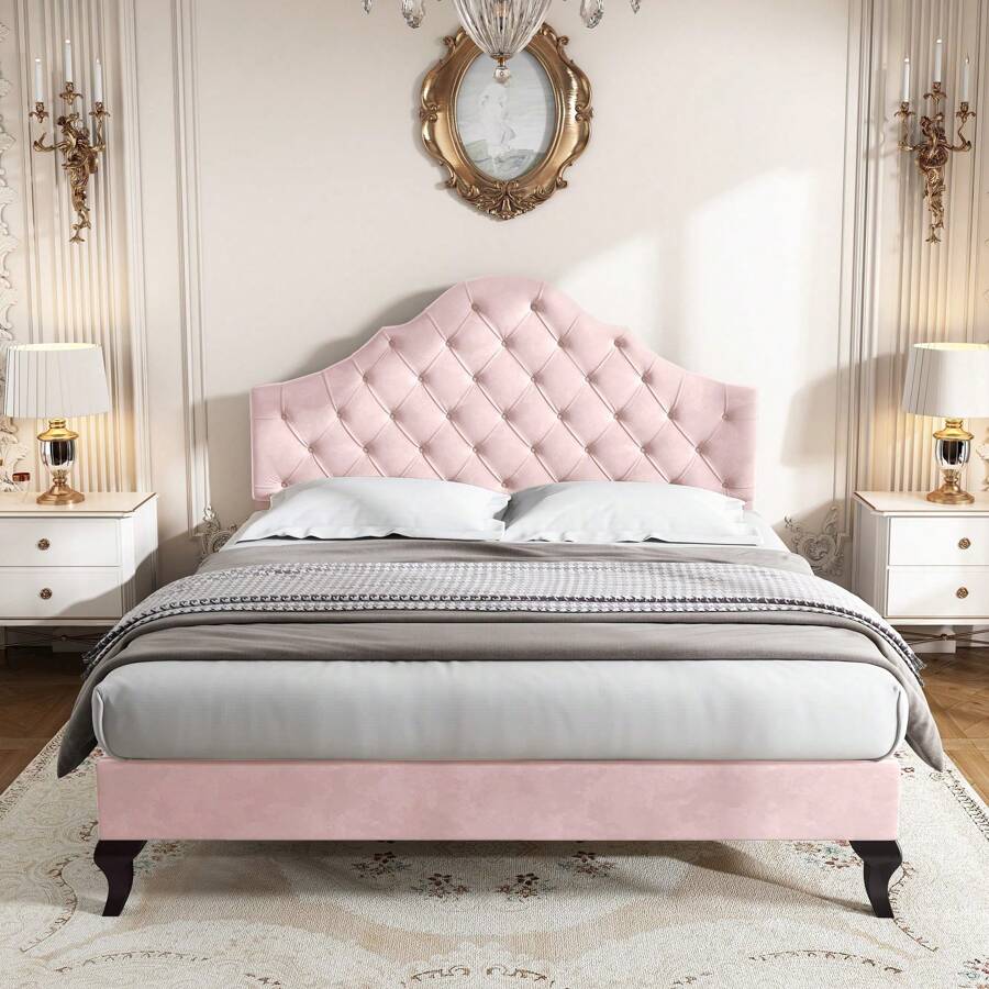 KOMHTOM gestoffeerd bed, massief houten bed met in hoogte verstelbaar hoofdeinde, fluweel, 140*200 cm,Gestoffeerd bed 140*200 met lattenbodem en hoofdeinde, gestoffeerd bed met in hoogte verstelbaar hoofdeinde, voor volwassenen & tieners, houten lattenbodem, eenvoudige montage, fluweel, roze - Roze - Bekijken 1