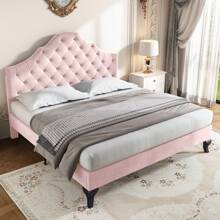 KOMHTOM gestoffeerd bed, massief houten bed met in hoogte verstelbaar hoofdeinde, fluweel, 140*200 cm,Gestoffeerd bed 140*200 met lattenbodem en hoofdeinde, gestoffeerd bed met in hoogte verstelbaar hoofdeinde, voor volwassenen & tieners, houten lattenbodem, eenvoudige montage, fluweel, roze - Roze - Bekijken 9