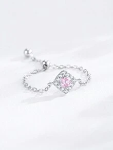 1枚925纯银可调节粉色方形戒指，优雅珠宝，女士日常佩戴礼物 - 銀色 - 查看 3