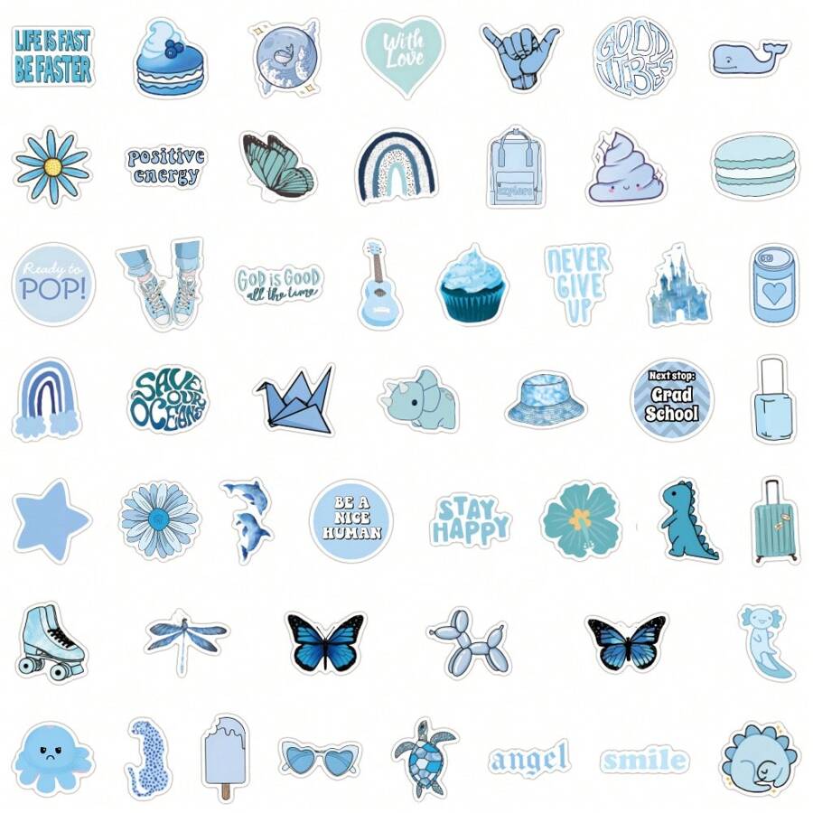 115Pcs Danish Pastel Blue Stickers, Vinyl Blue Aesthetic Graffiti