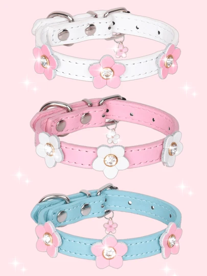 皮革閃亮鑲嵌可愛花朵標籤裝飾寵物狗狗貓咪項圈