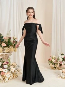 Teen Girls' Mermaid Evening Dress With Off-Shoulder Strap - Black - View 6