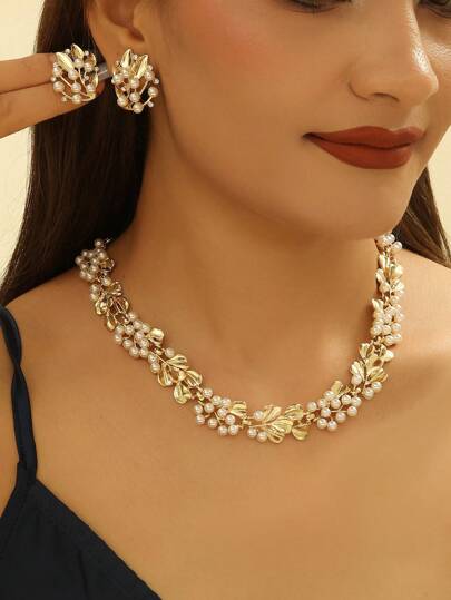 3pcs Vintage Faux Pearl Drawbench Gingko Leaf Design Women's Earrings And Necklace Set