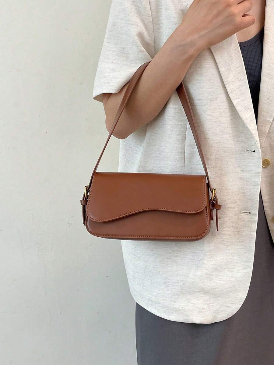 PU布料簡單純色女式多口袋肩袋，適用於休閒裝 - 棕色 - 查看 1