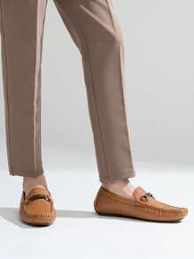 SHOESMALL Men's Metal Decor Brown Casual Loafers Crocodile Printed Slip On Shoes  Penny Leisure Round Toe Flat Shoes For Outdoor Manfinity Unisex - AMY3044A-棕色 - 查看 6