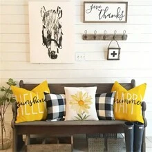 4pcs Spring And Summer Pillow Case, Yellow Letter Flower Pattern Pillow Case, Watercolor Daisies Simple Style Suitable For Home Decoration, Sofa Outdoor Office By Set Decoration 18*18inch