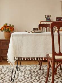 Mantel de lino grueso con rayas y borlas, decoración de cubierta de mesa de estilo rural - Beis - Ver 3