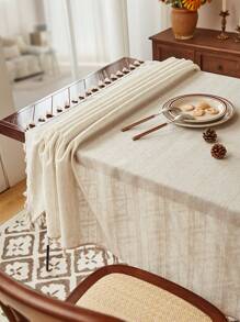 Mantel de lino grueso con rayas y borlas, decoración de cubierta de mesa de estilo rural - Beis - Ver 1