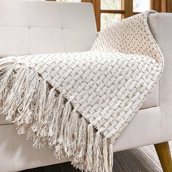 Manta para Sofá 2,10 x 1,40 100% Algodão Xale com Franja Decoração Cru/Bege