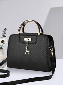 2pcs/Set Spring New Fashion PU Leather Handbag, Includes 1 Medium Shoulder Bag Suitable For Women & Girls As A Stylish Minimalist Commuter Bag, Decorated With Scarf, Business Casual Tote Bag, Perfect For Office, Business And Work Occasions, Ideal For Everyday Elegance And Special Events, Also The Best Mother's Day Gift. - Black - View 1