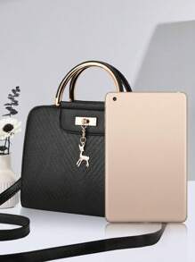 2pcs/Set Spring New Fashion PU Leather Handbag, Includes 1 Medium Shoulder Bag Suitable For Women & Girls As A Stylish Minimalist Commuter Bag, Decorated With Scarf, Business Casual Tote Bag, Perfect For Office, Business And Work Occasions, Ideal For Everyday Elegance And Special Events, Also The Best Mother's Day Gift. - Black - View 3