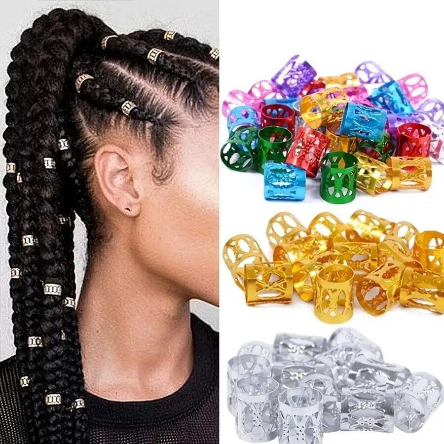 100 piezas de cuentas para dreadlocks, anillos para trenzar el cabello y clips, manguitos para trenzar el cabello, decoración de anillos para el cabello. Accesorios para el cabello - Plateado - Ver 1