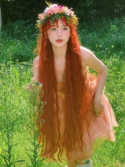 Cooper Orange 120cm Extra Super Long Wavy Hair Halloween Cosplay Wigs Music Festival Spring Summer Fall Winter Christmas Presents 48inch Ginger Pumpkin Brown Curly Hair With Bangs Synthetic Wigs Breathable Rose Net For Girls Women Daily Use Party Vacation Holiday Natural Sexy Romantic Elegant Simple Casual Halloween Christmas Cosplay Heat Resistant Fake Hair