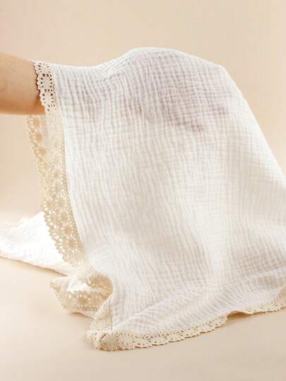1pc Baby Toddler Soft And Breathable White Gauze Thin Blanket With Lace Edge, Multipurpose: Swaddle Blanket, Stroller Sunshade Cover, Bath Towel, Nursery Room Tablecloth Love Valentine