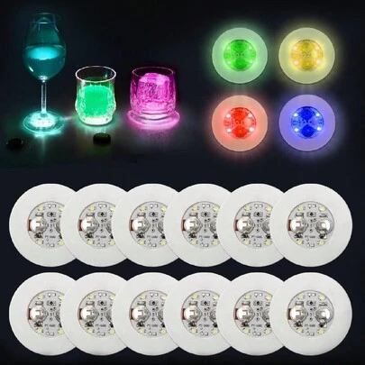 6 piezas/12 piezas/24 piezas Posavasos de taza LED de colores, Posavasos luminoso, Luz LED adhesiva, Luz de botella, Accesorios de bar