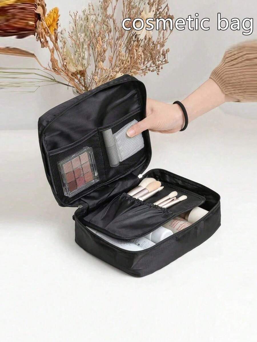 1pc Black Travel Toiletry Bag, Cosmetic Bag, Makeup Pouch, Beauty Organizer Toiletry Bags Summer Travel Essentials For Beach Vacation Holiday School Supplies Dorm Essentials Back To School Cosmetic Bag Makeup Storage Makeup Organizer Travel Accessories Brush Bag Make Up Container Travel Stuff Travel Essentials Ladies Accessories Travelling Stuff College Vacation Cruise Summer Holiday Essentials Women Wash Bag Toiletries Bag Handbag Storage