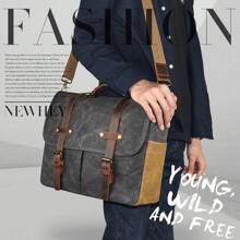 Mens Messenger Bag 15.6 Inch Waterproof Vintage Genuine Leather Waxed Canvas Briefcase Large Leather Computer Laptop Bag Rugged Satchel Shoulder Bag - Xám - Xem 2