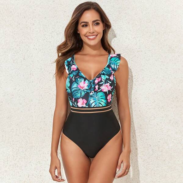 Latest Tropical Prints Patchwork One-Piece Swimsuit Summer