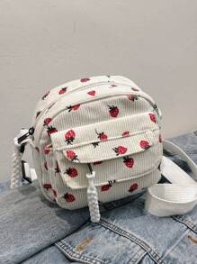 Corduroy Crossbody Bag With Fashionable Strawberry Print, Stylish And Versatile Lightweight Shoulder Bag, & Cute Strawberry Purse Valentines, Perfectly Matching With Fall Outfits Women - White - View 2