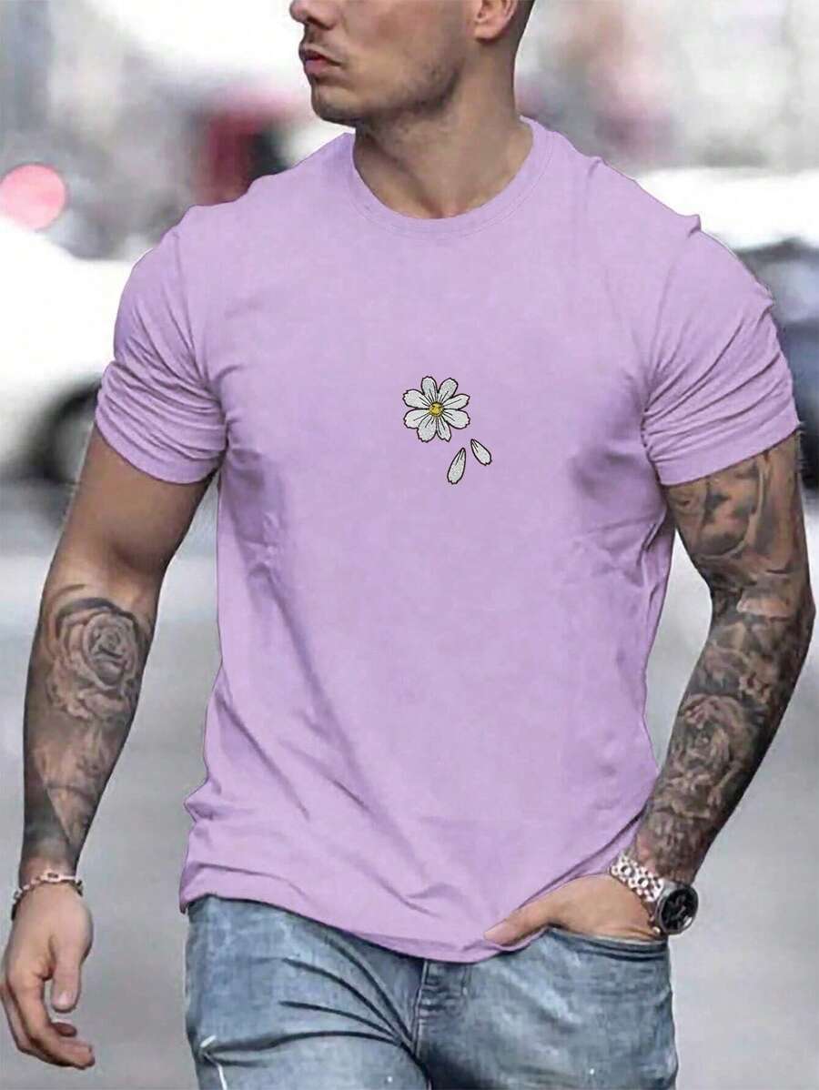 Men's Floral Embroidery Drop Shoulder T-Shirt - 淡紫色 - 查看 1