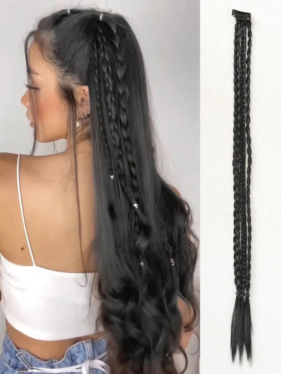 1 件/包 22 英寸金色棕色黑色夹式 3 辫合成纤维接发女士日常佩戴派对佩戴夹式接发自然日常发质 - 黑色 - 查看 1