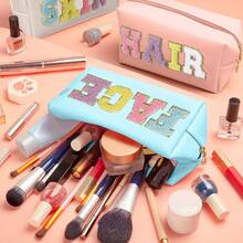 Preppy Makeup Bag For Women Travel Toiletry Bag Chenille Letter Cosmetic Bag PU Leather Waterproof Pouch Cute Zipper Organizer, Skin, Hair And Face - Multicolor - View 9