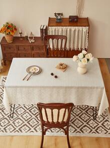 Mantel de lino grueso con rayas y borlas, decoración de cubierta de mesa de estilo rural - Beis - Ver 5
