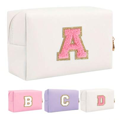 Initial Letter Patch Makeup Bag, Preppy Portable Chenille Letter Cosmetic Bag With Zipper, PU Leather Waterproof Travel Toiletry Bag Monogram Make Up Pouch For Women Girls (Letter A~Z) School School Supplies Travel Essentials Make Up Bag Holiday Essentials Holiday Back To School Makeup Bags Makeup Pouch Beauty Homecoming Makeup Organizer Winter Make Up Organizer Makeup Storage Back To School Supplies