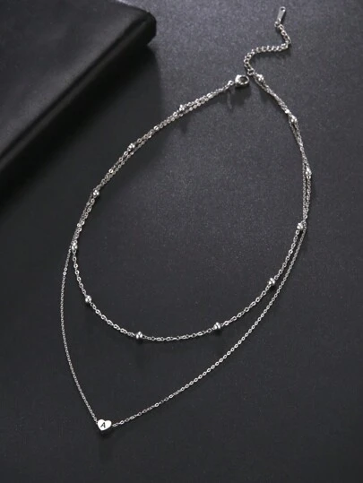 1 件女士不锈钢双层串珠 A-Z 26 心形字母项链，情人节生日礼物