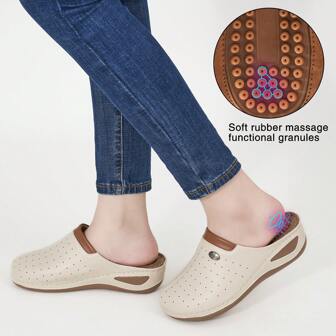 女士按摩珠穆勒鞋，时尚舒适坡跟厚底封闭式鞋头透气凉鞋，适合所有季节