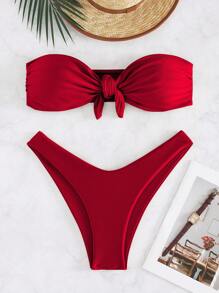 Nuovo set bikini elegante e sexy di colore unito, costume da bagno da donna senza spalline con fiocco, adatto per la spiaggia e le vacanze estive