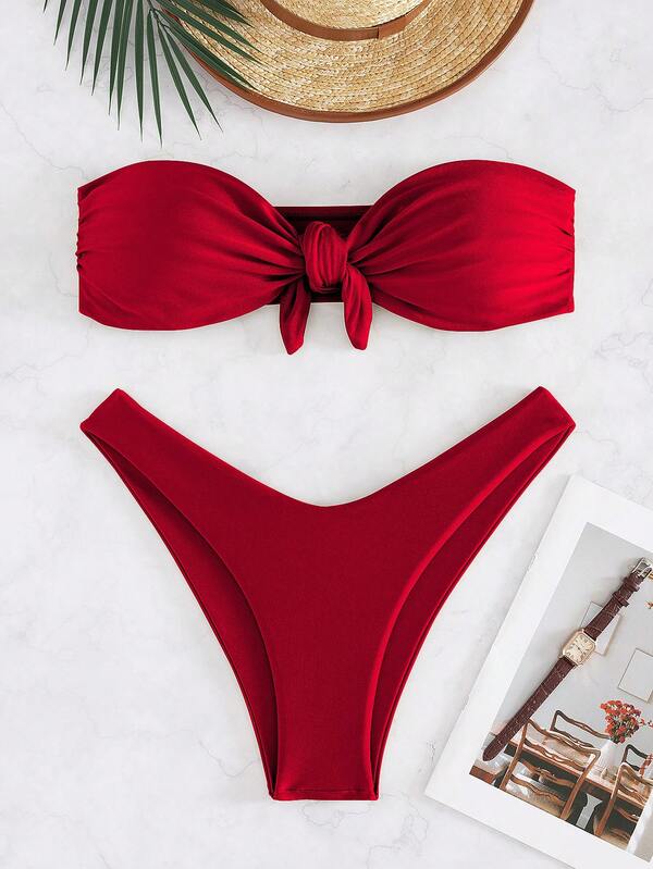 Nuovo set bikini elegante e sexy di colore unito, costume da bagno da donna senza spalline con fiocco, adatto per la spiaggia e le vacanze estive