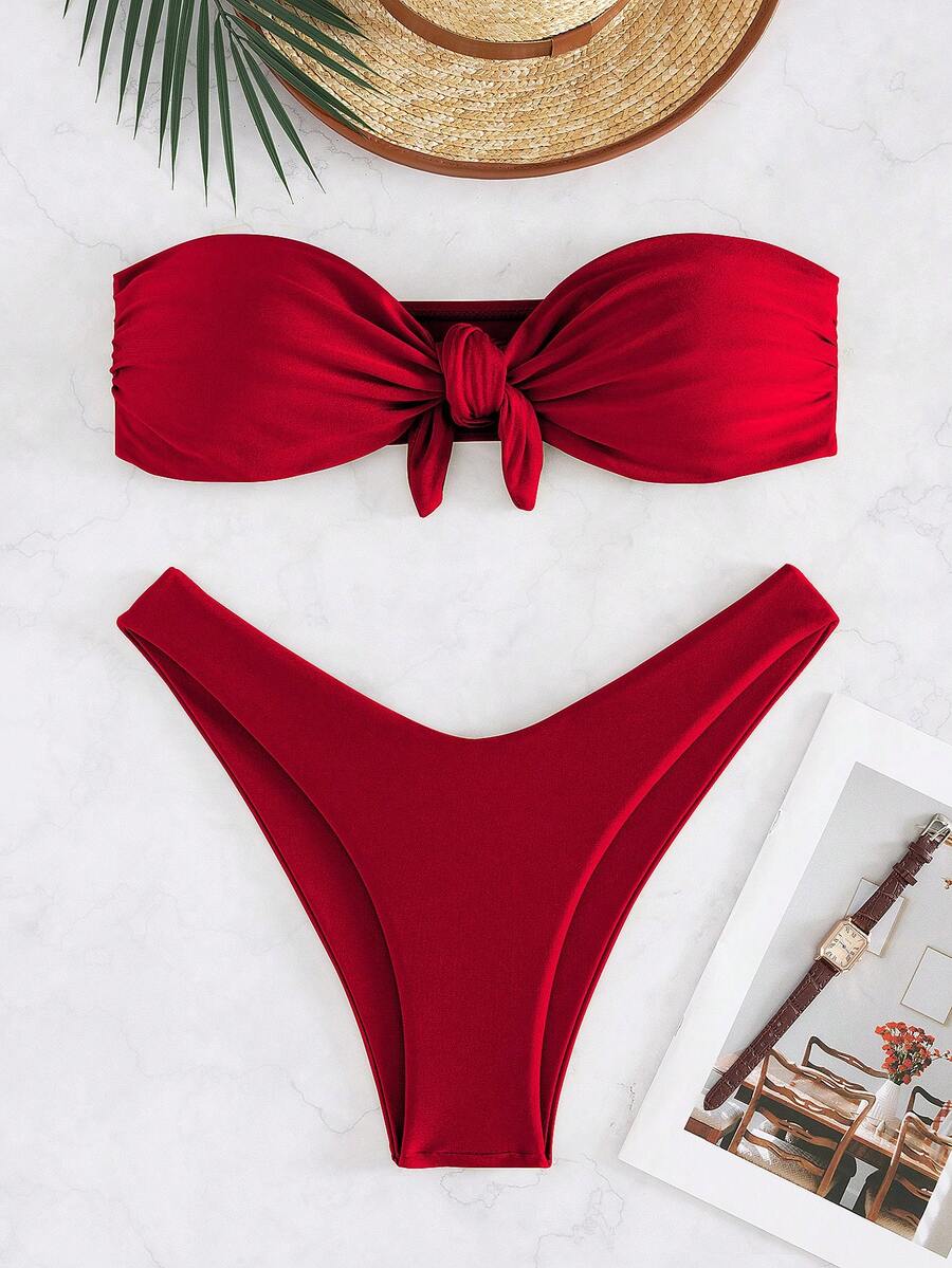Nuovo set bikini elegante e sexy di colore unito, costume da bagno da donna senza spalline con fiocco, adatto per la spiaggia e le vacanze estive