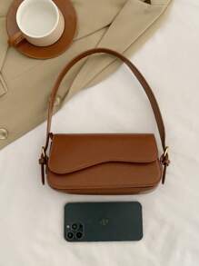 PU布料簡單純色女式多口袋肩袋，適用於休閒裝 - 棕色 - 查看 3