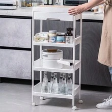 1 件 3 层 4 层搁板抽屉式手推车万向轮，落地搁板，移动储物架，厨房客厅浴室卧室床，可存放调味瓶、零食和饮料、护肤化妆品、纸巾、储物、厨房收纳、厨房用品、房间装饰、家居装饰。 - 白色 - 查看 9