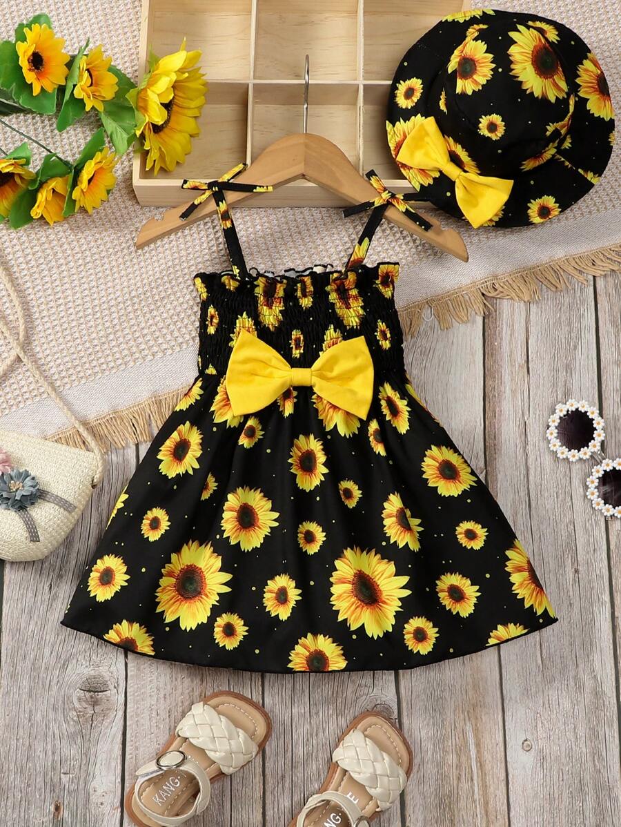 2pcs New Summer Baby Girls' Bowknot Tie Daisy Printed Strap Dress And Hat Set - Black - View 1
