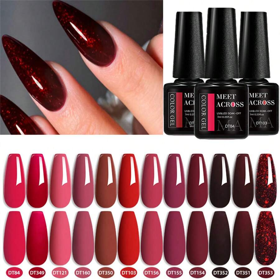 7ML Red Series Gel Nail Polish, Spring Summer Wine Red Gel Polish, UV/LED Lamp Needed, For Home Salon Nail Art, Christmas Nail Design