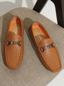 SHOESMALL Men's Metal Decor Brown Casual Loafers Crocodile Printed Slip On Shoes  Penny Leisure Round Toe Flat Shoes For Outdoor Manfinity Unisex - AMY3044A-棕色 - 查看 5