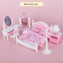 1 套娃娃屋微型家具模型,復古臥室床和書桌,塑膠材質 - 彩色 - 查看 9
