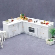 1/12 Scale Wooden Dollhouse Miniature Kitchen Furniture Set - Includes Cabinet, Refrigerator, Stove, Sink And Counter, Suitable For Decorative Dollhouse, Pink Color