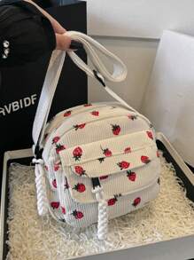 Corduroy Crossbody Bag With Fashionable Strawberry Print, Stylish And Versatile Lightweight Shoulder Bag, & Cute Strawberry Purse Valentines, Perfectly Matching With Fall Outfits Women - White - View 7