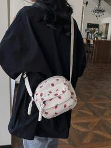 Corduroy Crossbody Bag With Fashionable Strawberry Print, Stylish And Versatile Lightweight Shoulder Bag, & Cute Strawberry Purse Valentines, Perfectly Matching With Fall Outfits Women - White - View 5