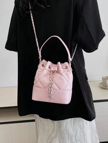 女性時尚鏈帶桶包，肩背包 - 粉色 - 查看 7
