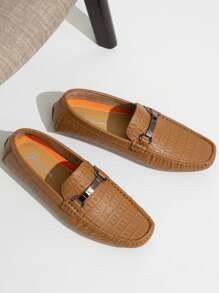 SHOESMALL Men's Metal Decor Brown Casual Loafers Crocodile Printed Slip On Shoes  Penny Leisure Round Toe Flat Shoes For Outdoor Manfinity Unisex - AMY3044A-棕色 - 查看 1