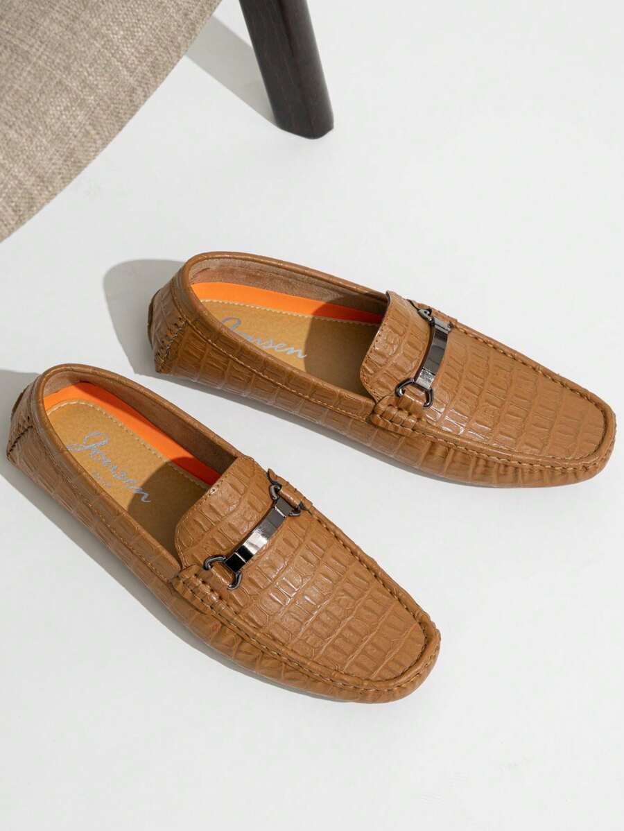 SHOESMALL Men's Metal Decor Brown Casual Loafers Crocodile Printed Slip On Shoes  Penny Leisure Round Toe Flat Shoes For Outdoor Manfinity Unisex - AMY3044A-棕色 - 查看 1