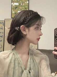 女士鱼尾辫假发发箍套装，带防滑齿的编织头饰，发饰，女士发箍发带 - 棕色 - 查看 4